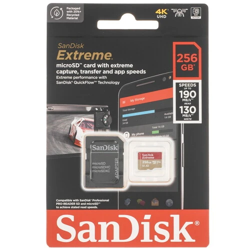 

Карта памяти 256Gb microSDXC Sandisk Extreme Class 10 UHS-I U3 V30 A2 + адаптер (SDSQXAV-256G-GN6MA)