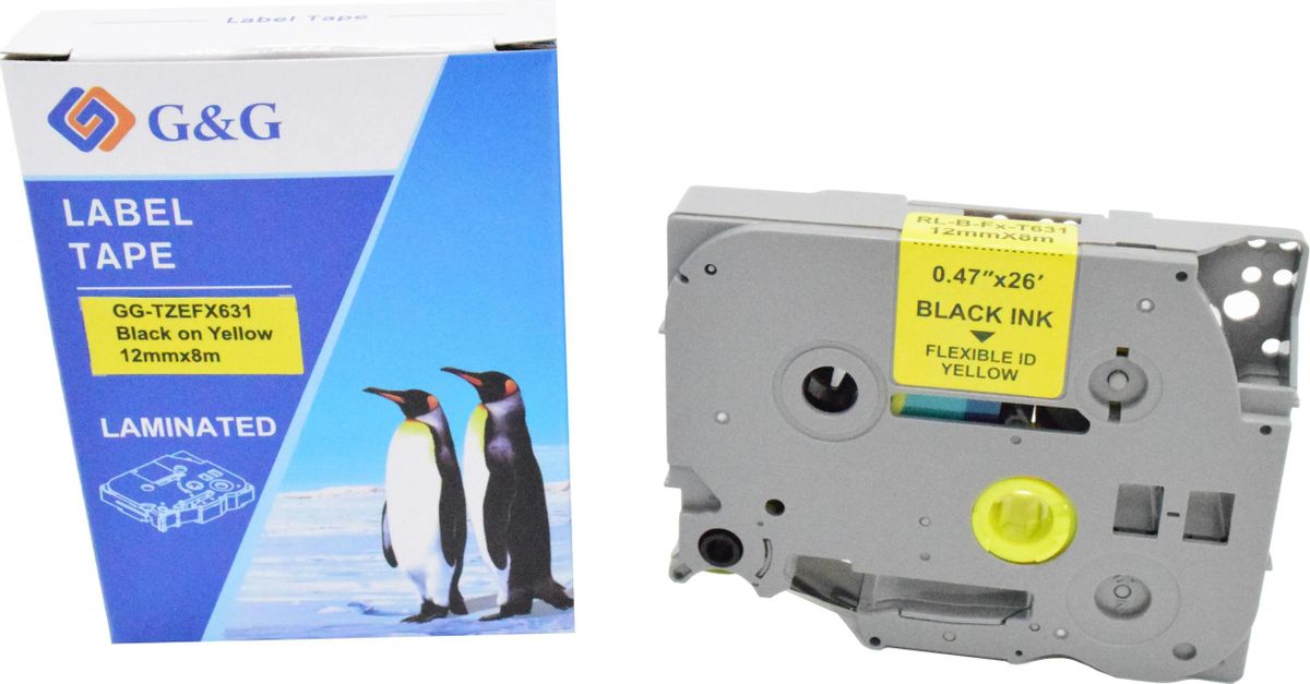 Кассета с лентой G&G TZEFX631, 1.2 см x 8 м, черный на желтом