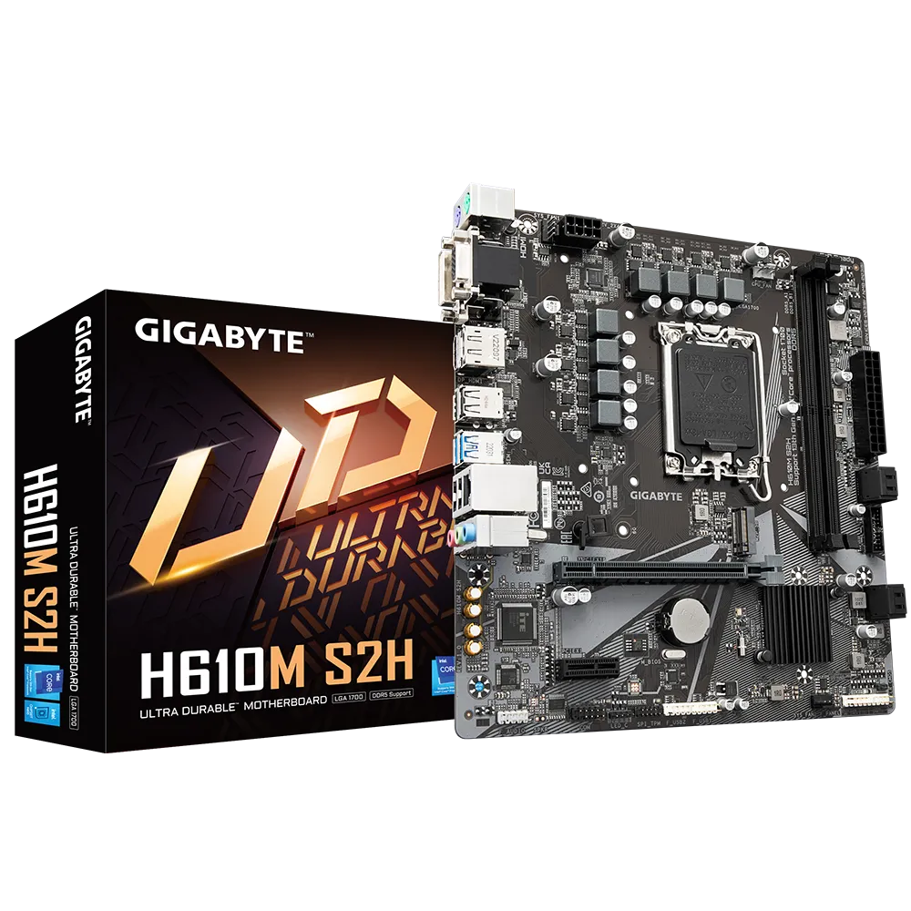 Материнская плата GIGABYTE H610M S2H, Socket1700, Intel H610, 2xDDR5 DIMM, PCI-Ex16, 4SATA3, 7.1-ch, GLAN, 4 USB 3.2, VGA, DVI, HDMI, DP, mATX, Retail б/у, после ремонта (восстановление дорожки), в комплекте плата и заглушка в корпус