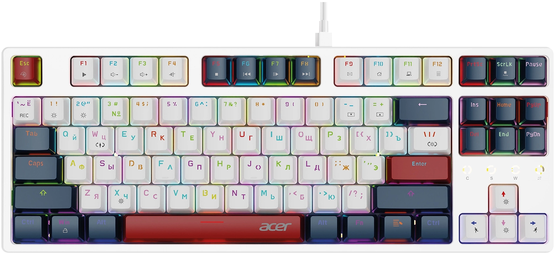 

Клавиатура проводная Acer OKW305, механическая, Red, подсветка, USB, белый/синий/красный (ZL.KBDCC.01W), OKW305