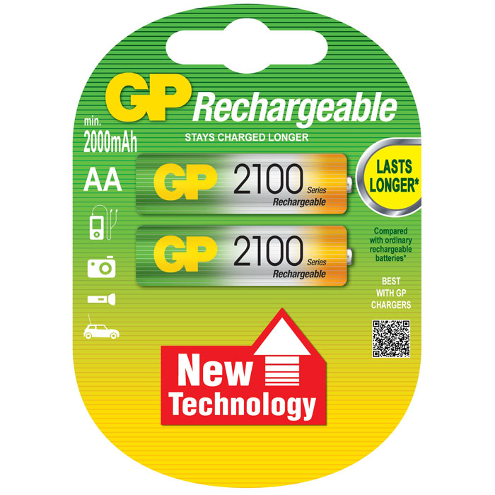 

Аккумулятор GP Rechargeable, AA, 1.2V 2.1 А·ч, 2 шт. (210AAHC-2DECRC2), Зеленый/желтый