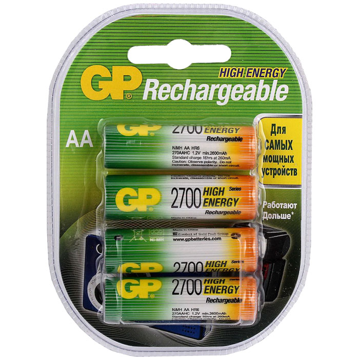 

Аккумулятор GP Rechargeable 270AAHC-BB7-2CR4, AA, 1.2V 2.7 А·ч, 4 шт, Зеленый/желтый, 270AAHC-BB7-2CR4