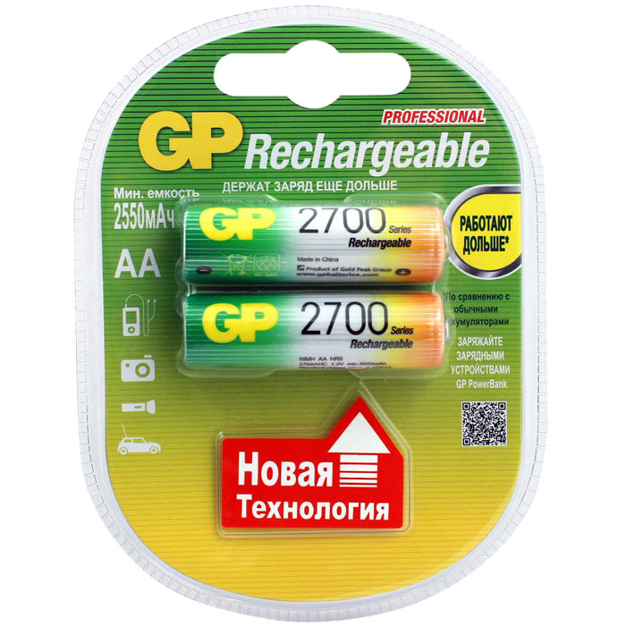 

Аккумулятор GP Rechargeable, AA, 1.2V 2.7 А·ч, Зеленый/желтый