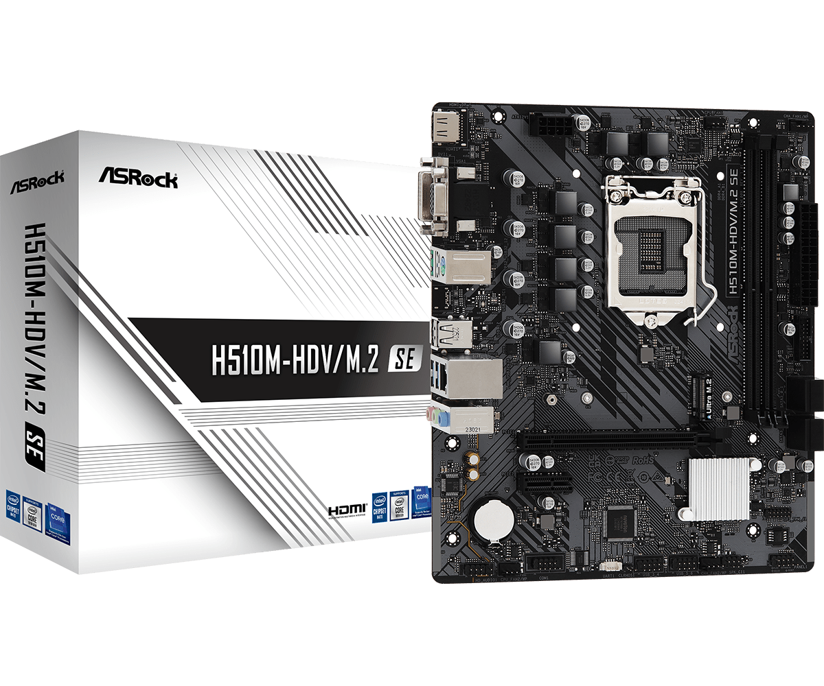 Материнская плата ASRock H510M-HDV/M.2 SE, Socket1200, Intel H470, 2xDDR4, PCI-Ex16, 4SATA3, 7.1-ch, GLAN, 6 USB 3.2, VGA, DVI, HDMI, mATX, Retail б/у, после ремонта (правка ножек сокета), без существенных следов эксплуатации, полный комплект