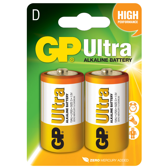 

Батарея GP ULTRA, D (LR20/13А), 1.5V, 2шт. (13AU-CR2), Золотистый/белый