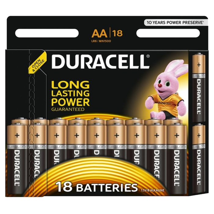 

Батарейка Duracell LR6, AA (LR06/15А), 1.5V, 18 шт. (Basic), Черный/золотистый