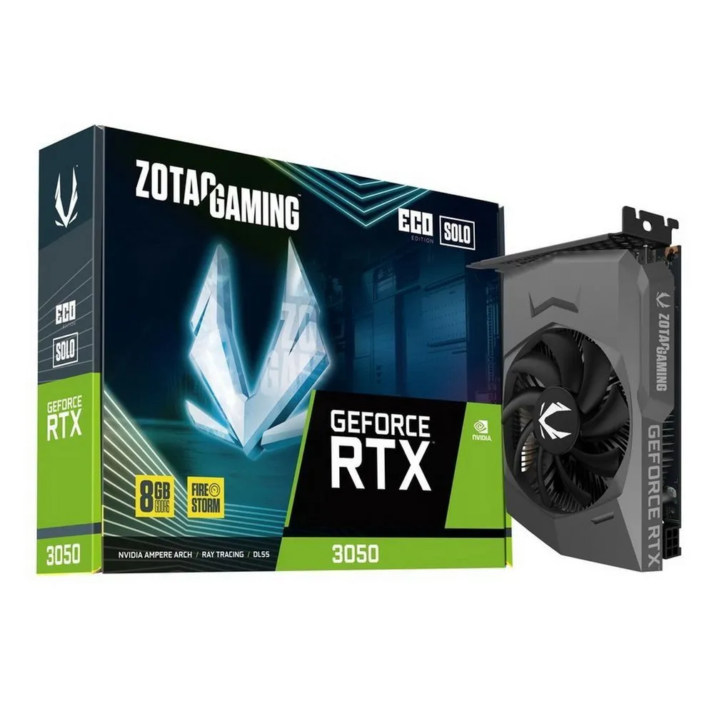 

Видеокарта ZOTAC NVIDIA GeForce RTX 3050 ECO SOLO, 8Gb GDDR6, 128 бит, PCI-E, HDMI, 3DP, Retail (ZT-A30500R-10L), ECO SOLO