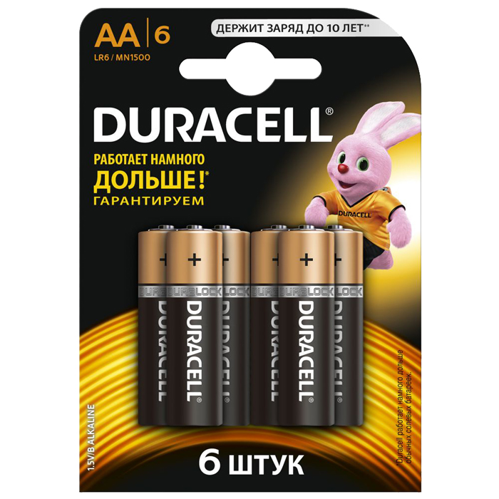 

Батарея Duracell Basic LR6-6BL, AA, 1.5V 6шт, Черный/золотистый