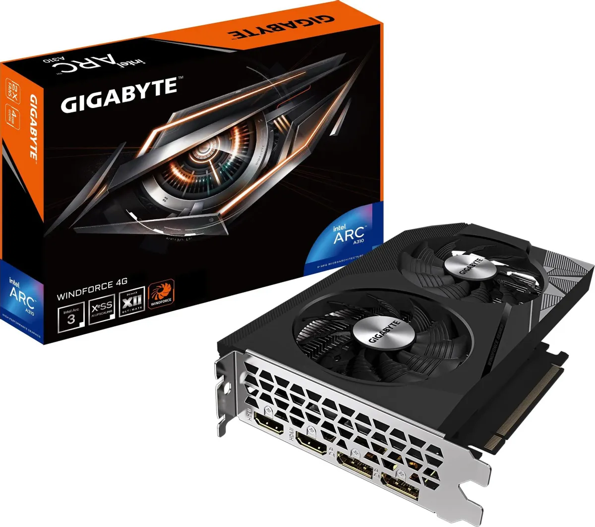 Видеокарта GIGABYTE Intel Arc A310 WINDFORCE 4GB, 4Gb GDDR6, 64 бит, PCI-E, 2HDMI, 2DP, Retail (GV-IA310WF2-4GD) б/у