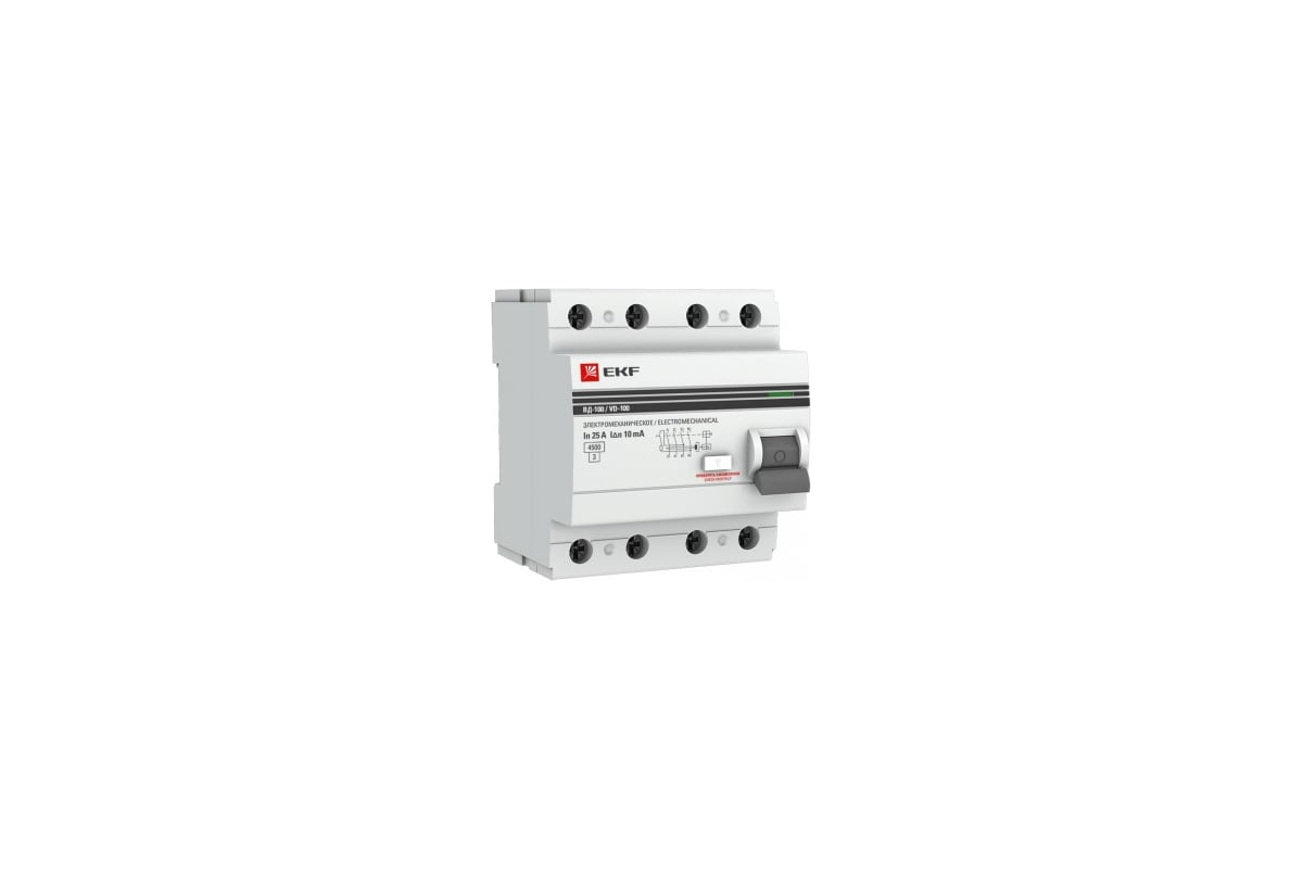 Выключатель дифференциальный (УЗО) ВД-100, 3P+N, 63А, 100мА, тип АС, EKF
