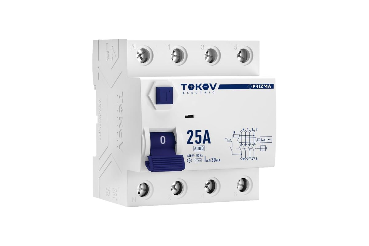Выключатель дифференциальный (УЗО), 3P+N, 50А, 30мА, тип АС, TOKOV ELECTRIC