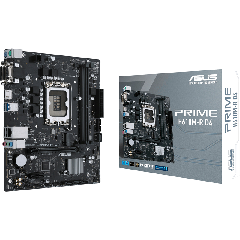 Материнская плата ASUS PRIME H610M-R D4-SI, Socket1700, Intel H610, 2xDDR4, PCI-Ex16, 4SATA3, 7.1-ch, GLAN, 4 USB 3.2, VGA, DVI, HDMI, mATX, Retail б/у, следы минимальной эксплуатации, полный комплект