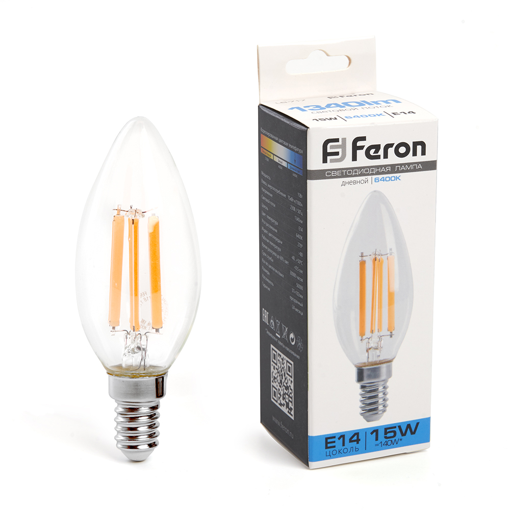 Лампа светодиодная E14 свеча/C35, 15 Вт, Feron (38259)