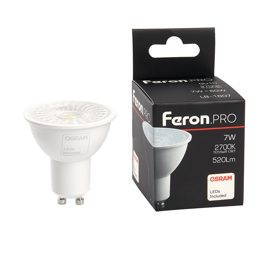 Лампа светодиодная GU10, MR16, 7 Вт, 2700K, FERON LB-1607