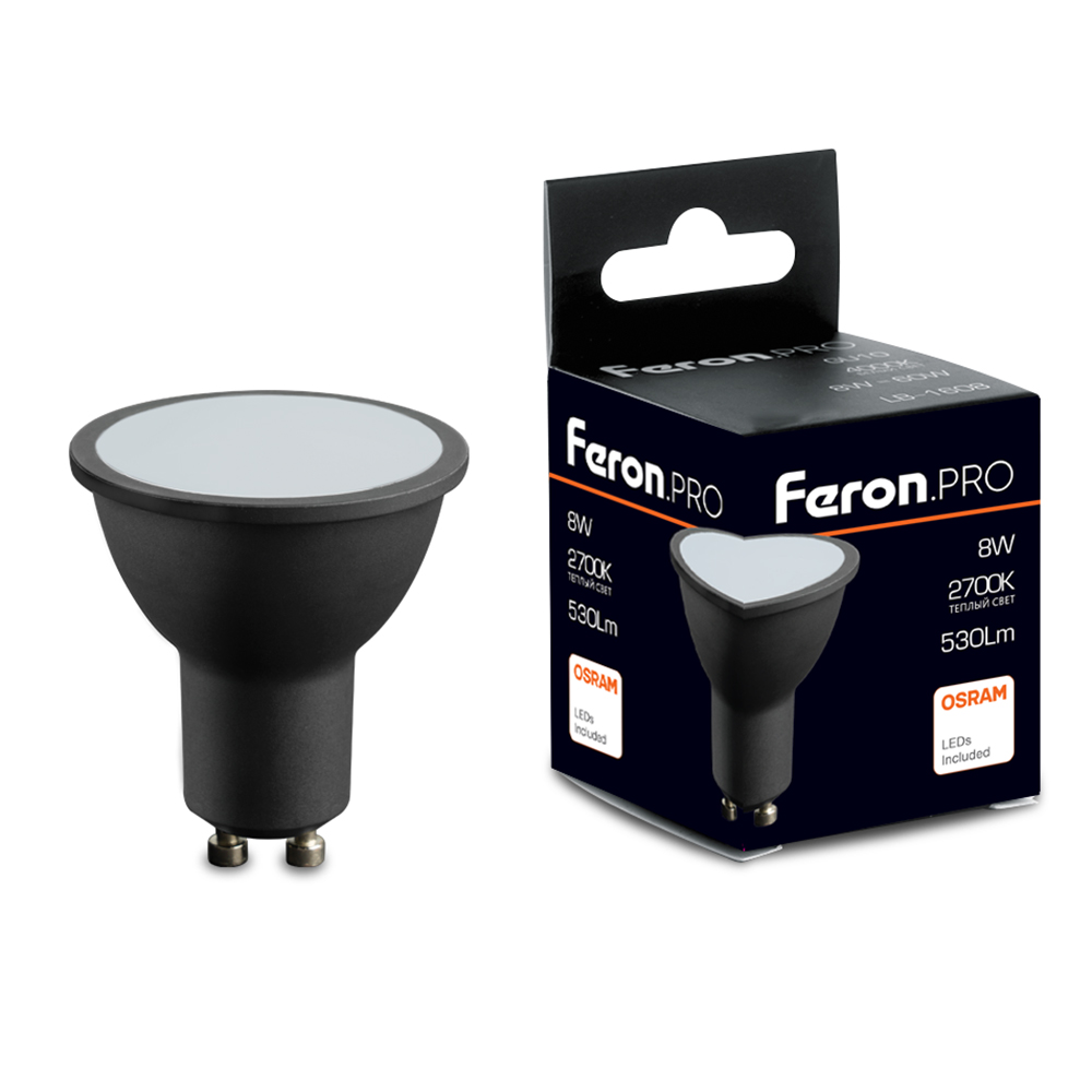Лампа светодиодная GU10, MR16, 8 Вт, 2700K, FERON LB-1608