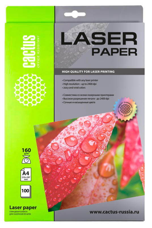 Фотобумага A4 160 г/м² глянцевая, 100 листов, односторонняя, Cactus Laser Paper CS-LPA4160100 для лазерной печати Плохая упаковка, небольшое повреждение/замятие упаковки с угла