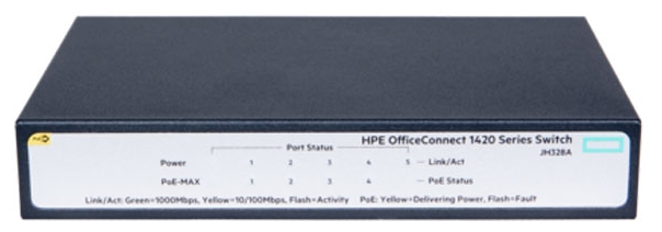 

Коммутатор HPE 1420 5G PoE+ Switch Unmanaged, 5*10/100/1000 Poe+ 32W, QoS, Fanless (JH328A), OfficeConnect 1420, 5G, PoE+ (32 Вт)