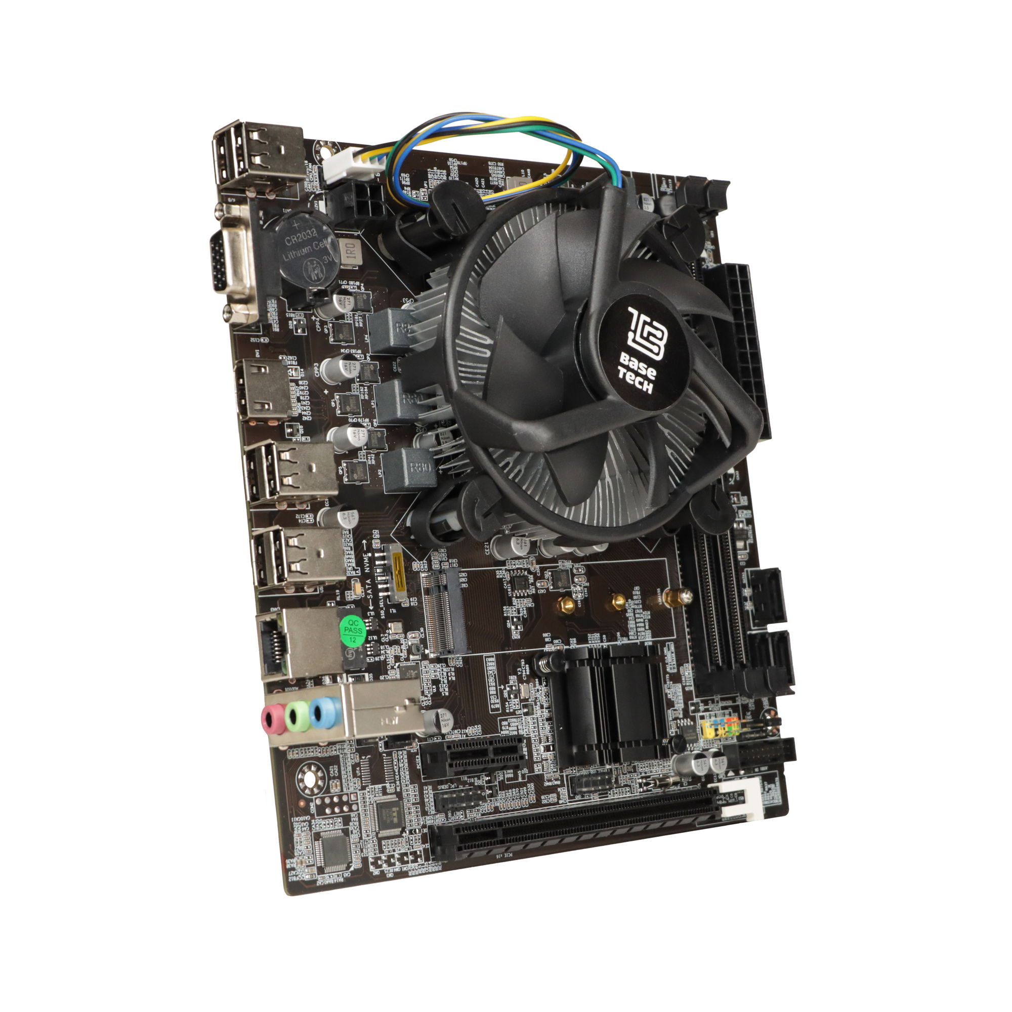 Материнская плата с процессором и кулером BaseTech H61M-K, Socket1155, Intel Core i3-3240, Intel H61, 2xDDR3, PCI-Ex16, 3SATA2, 5.1-ch, GLAN, 2 USB 3.0, VGA, HDMI, mATX, Retail б/у, сломана часть пластика кулера процессора, плохая упаковка