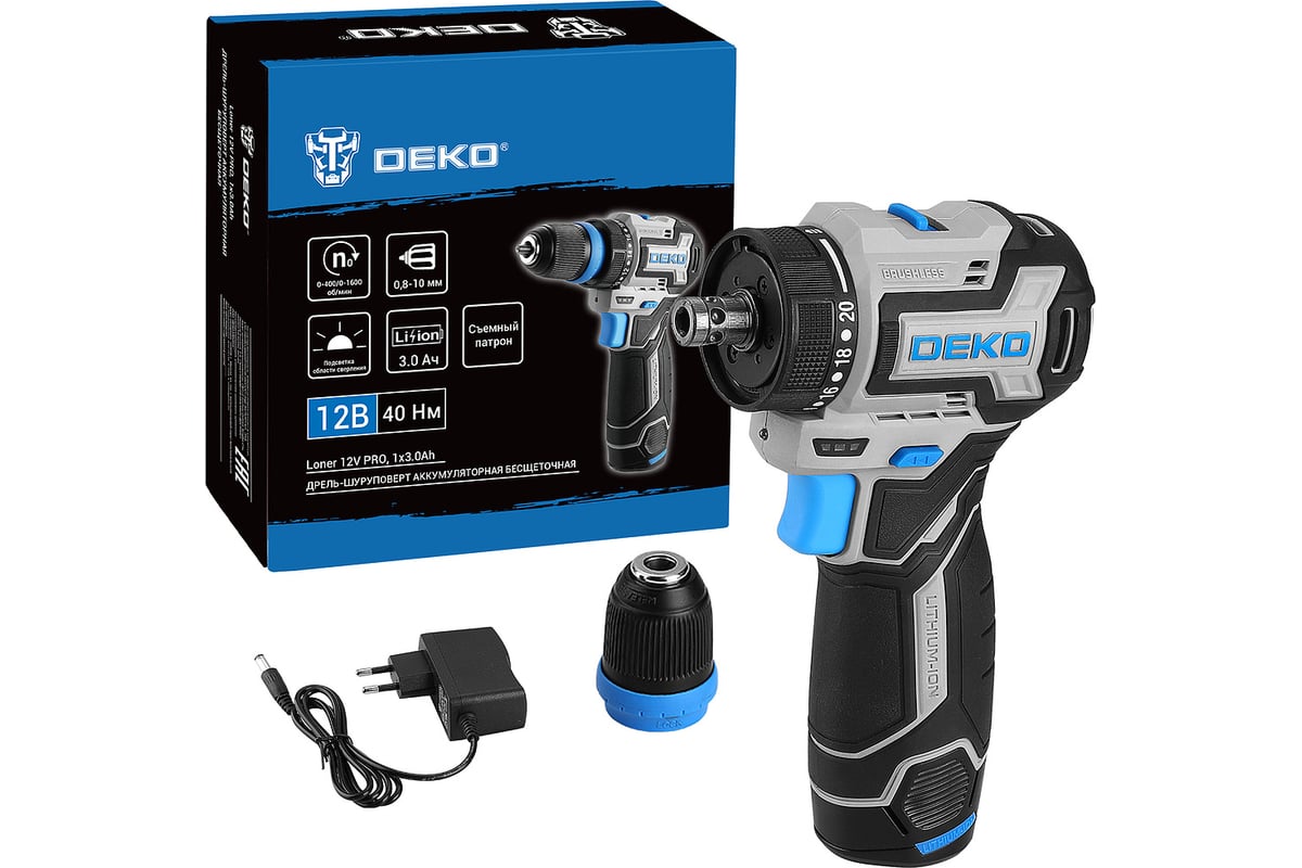 Дрель-шуруповерт DEKO Loner 12V PRO со съёмным патроном, аккумуляторный