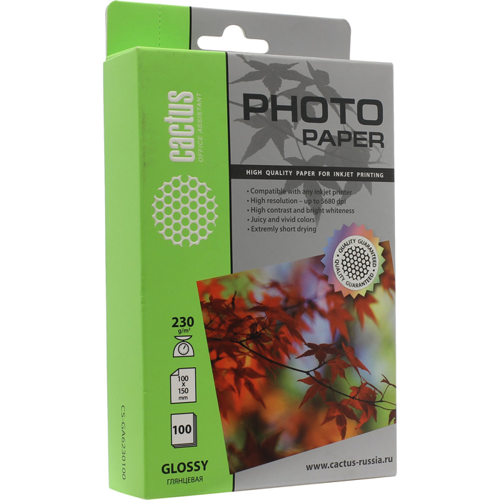 Фотобумага 10x15 230г/м2 глянцевая, 100 листов, односторонняя, Cactus CS-GA6230100 для струйной печати, цвет белый - фото 1