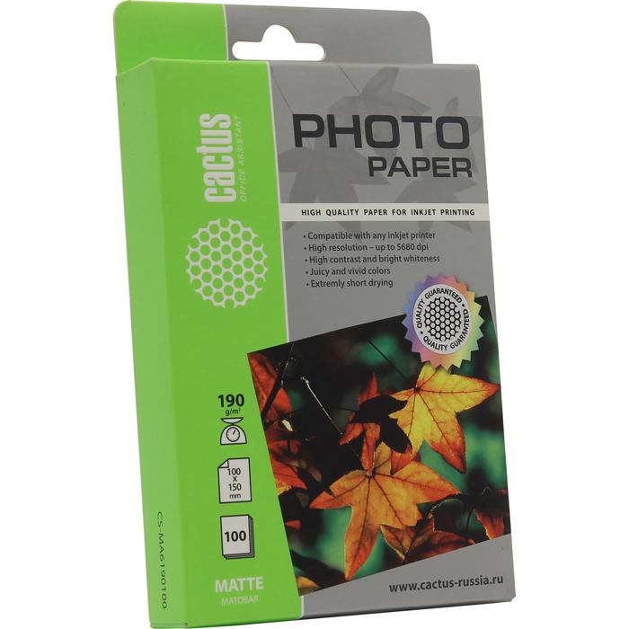 Фотобумага 10x15 190г/м2 матовая, 100 листов, односторонняя, Cactus CS-MA6190100 для струйной печати, цвет белый - фото 1