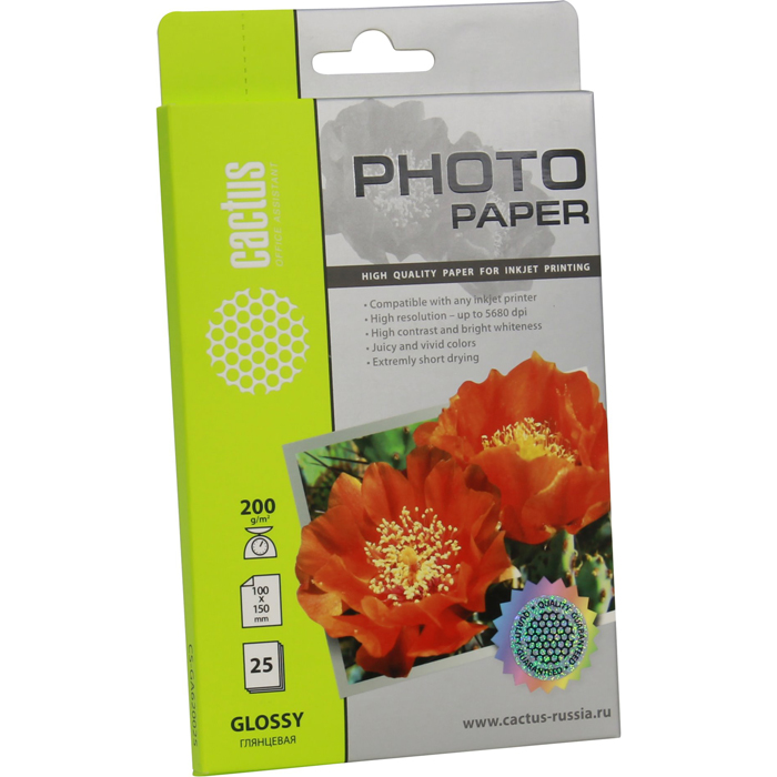 

Фотобумага 10x15 200 г/м² глянцевая, 25 листов, односторонняя, Cactus CS-GA620025/CS-GA620025 для струйной печати, Белый, CS-GA620025