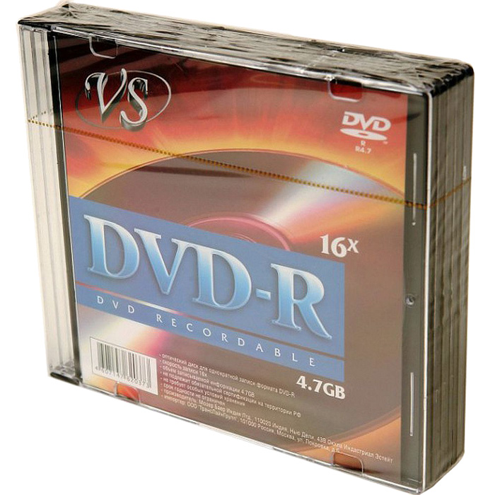 Диск VS DVD-R, 4.7Gb, 16x, Slim Case, 5 шт