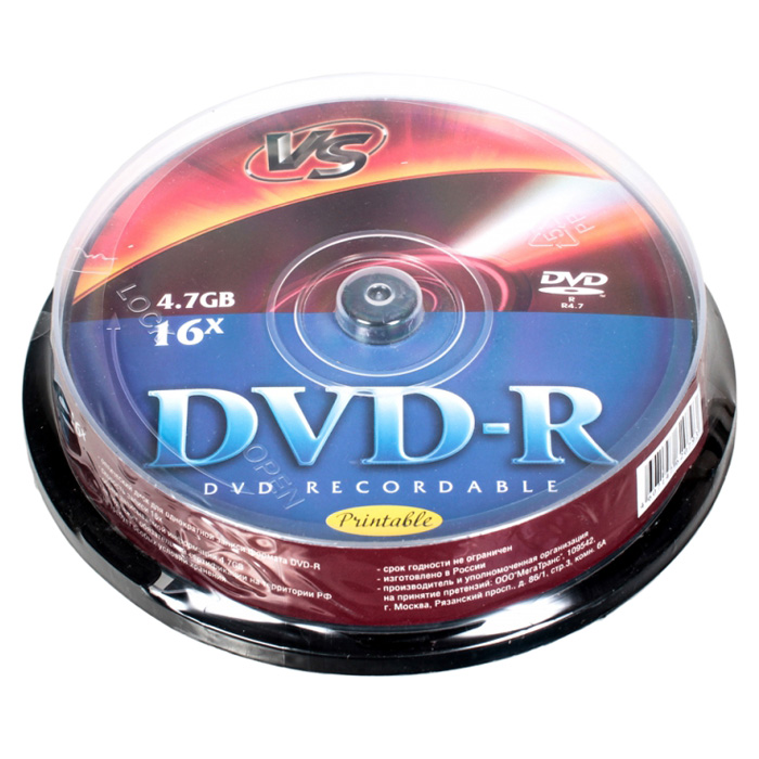 Диск VS DVD-R, 4.7Gb, 16x, на шпинделе, 10 шт, Printable (VSDVDRIPCB1001)