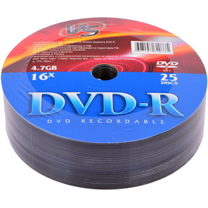 

Диск VS DVD-R, 4.7Gb, 16x, 25 шт