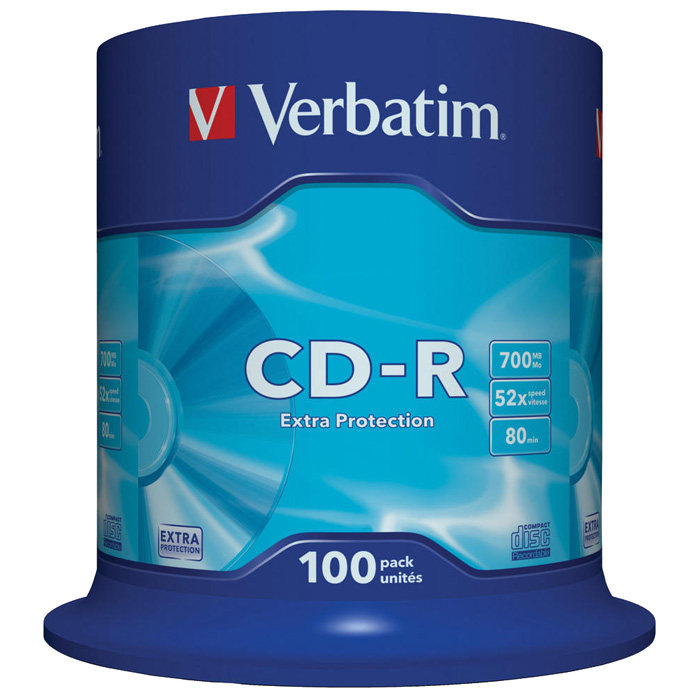 Диск Verbatim CD-R, 700Mb, 52x, Extra Protection, на шпинделе, 100 шт (43411)