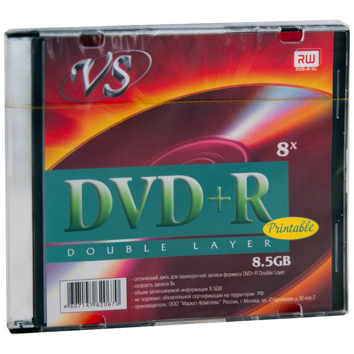 Диск VS DVD+R 8.5Gb, 8x, Slim Case (1 шт)