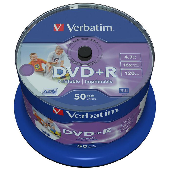 Диск Verbatim DVD+R, 4.7Gb, 16x, Cake Box, 50 шт, Printable