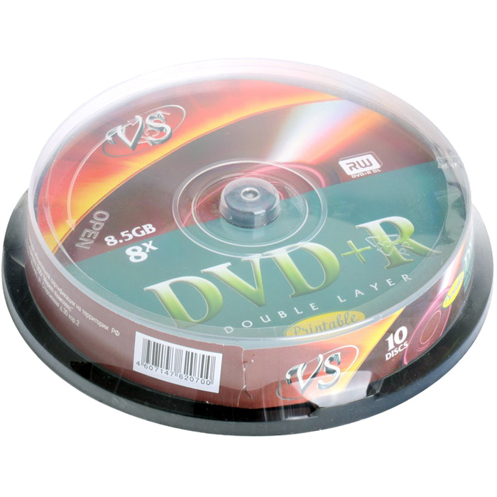 Диск VS DVD+R, 8.5Gb, 8x, Cake Box, 10 шт, Printable