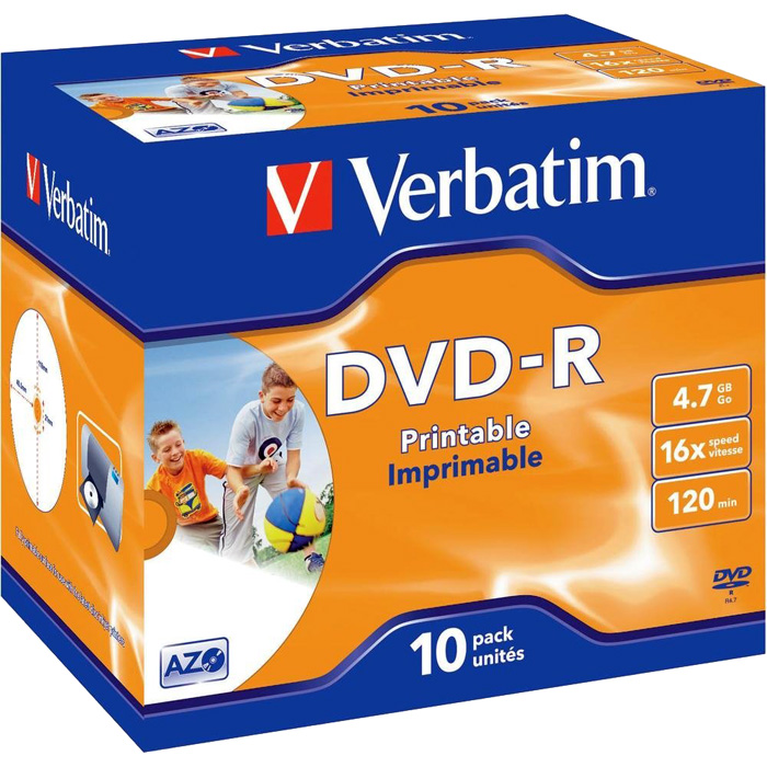 

Диск Verbatim DVD-R, 4.7Gb, 16x, Jewel Case, 10 шт, Printable
