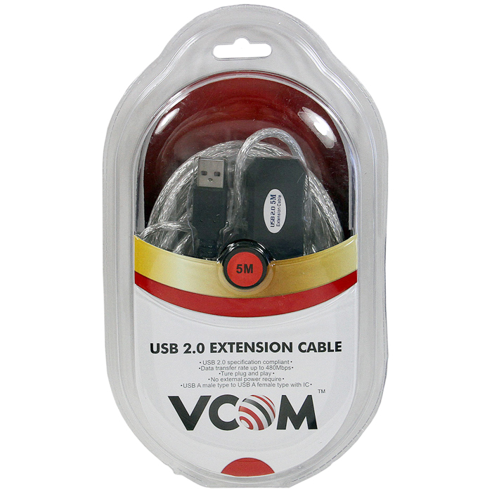 Кабель-удлинитель USB(Am)-USB(Af), 5 м, прозрачный, VCOM