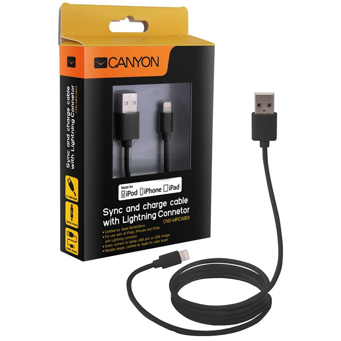 

Кабель USB-Lightning Canyon MFI, 1m, черный (CNS-MFICAB01B)