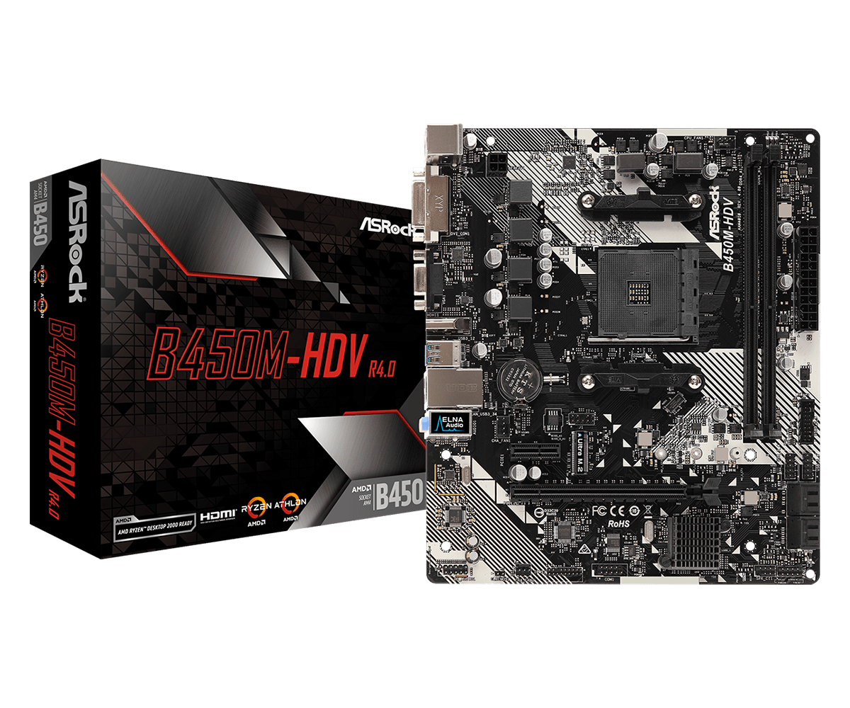 Материнская плата ASRock B450M-HDV R4.0, SocketAM4, AMD B450, 2xDDR4, PCI-Ex16, 4SATA3, 7.1-ch, 6 USB 3.1, VGA, DVI, HDMI, mATX, Retail б/у, следы монтажа, вскрытый комплект