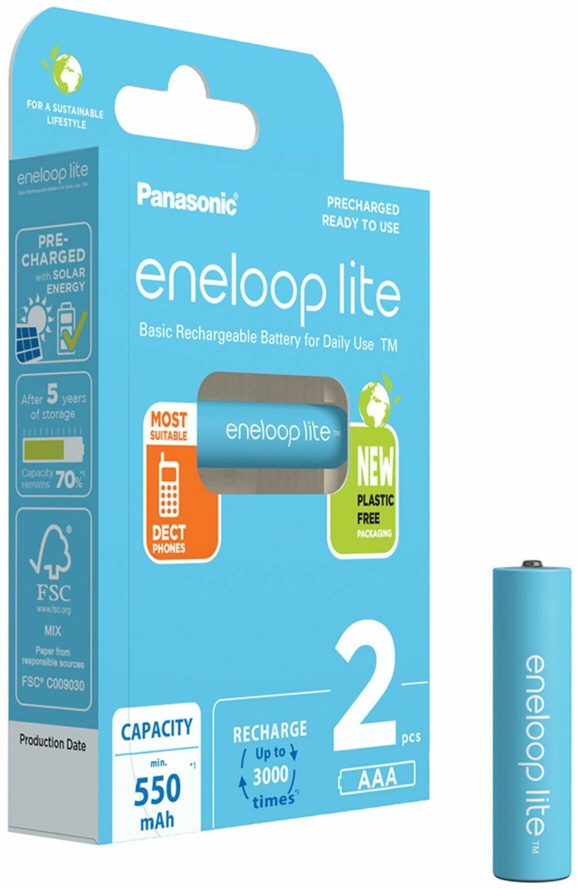 Аккумулятор Panasonic Eneloop Lite, AAA, 550 мА·ч, 2 шт