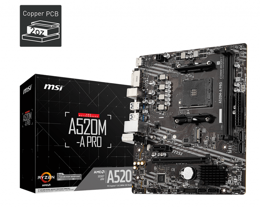 Материнская плата MSI A520M-A PRO, SocketAM4, AMD A520, 2xDDR4, PCI-Ex16, 4SATA3, 7.1-ch, GLAN, 6 USB 3.2, DVI, HDMI, mATX, Retail б/у, после ремонта, следы эксплуатации, комплект: задняя планка, sata шлейф