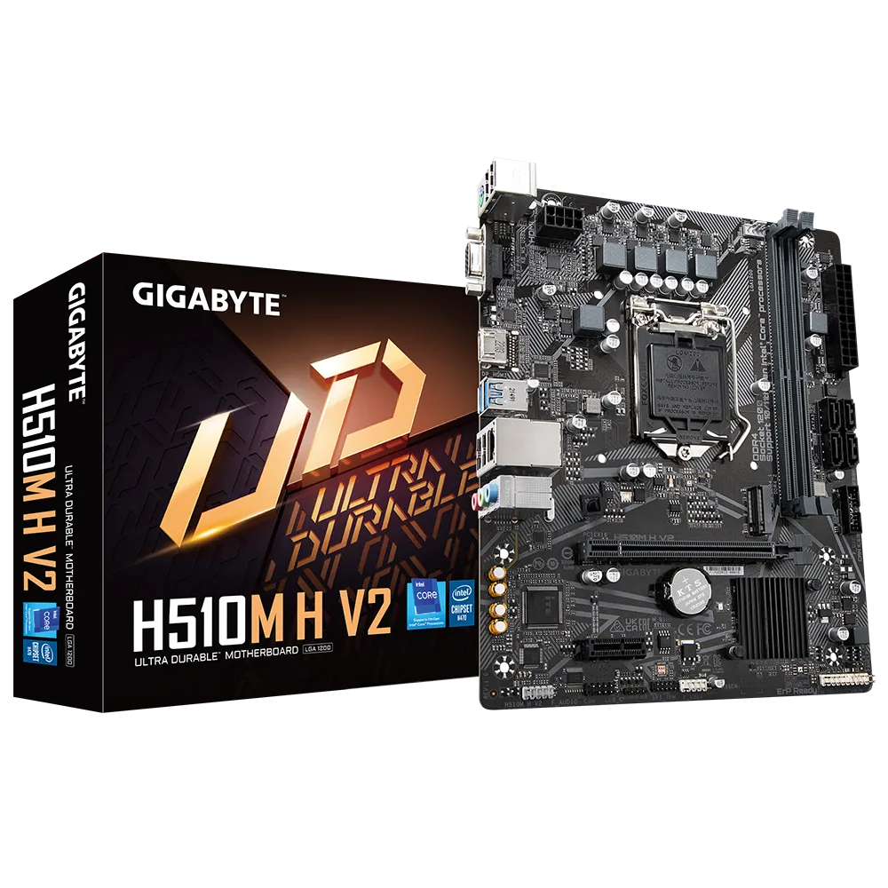Материнская плата GIGABYTE H510M H V2, Socket1200, Intel H470, 2xDDR4, PCI-Ex16, 4SATA3, 7.1-ch, GLAN, 4 USB 3.2, VGA, HDMI, mATX, Retail б/у, следы монтажа, без заглушки в корпус
