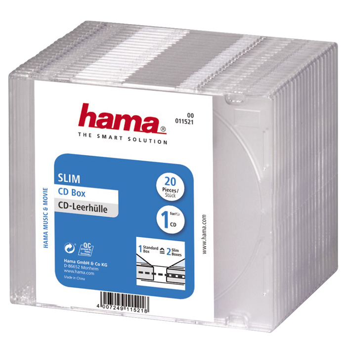 Коробка для CD/DVD Hama 20шт, Slim, прозрачный (H-11521)