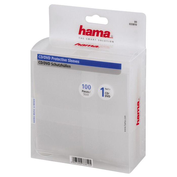 Конверт для CD/DVD Hama 100шт, полипропилен, прозрачный (H-33810)