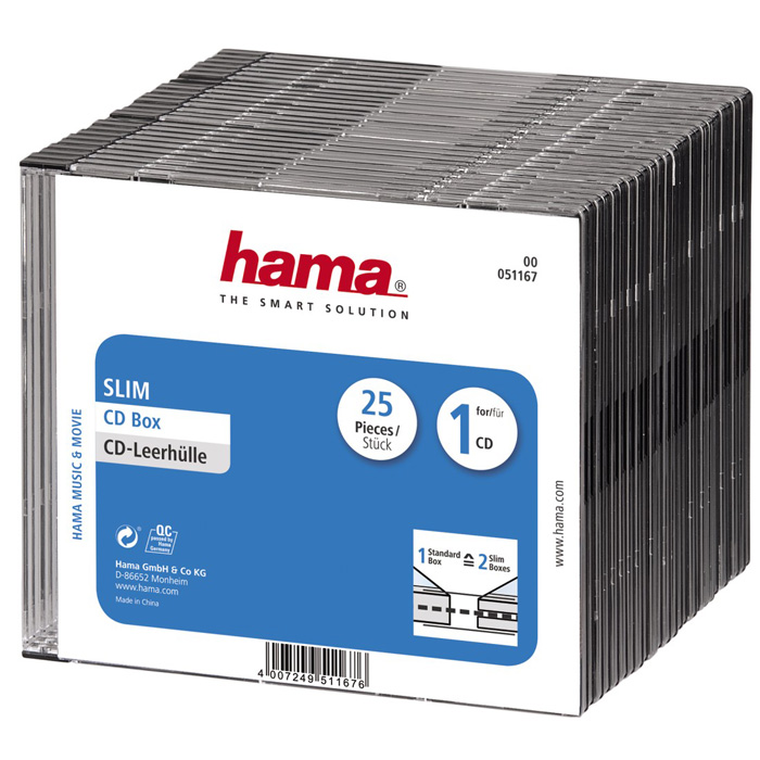 Коробка для CD/DVD Hama, пластик, Slim, черный/прозрачный, 25 шт. (H-51167)