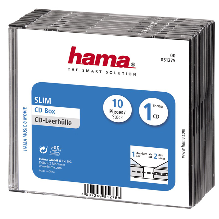 Коробка для CD/DVD Hama, пластик, Slim, черный/прозрачный, 10 шт. (H-51275)