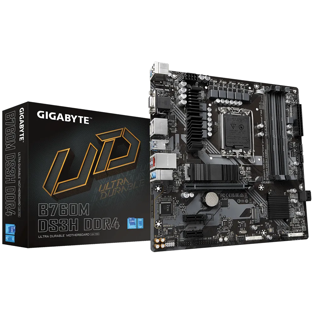 Материнская плата GIGABYTE B760M DS3H DDR4, Socket1700, Intel B760, 4xDDR4, PCI-Ex16, 4SATA3, 7.1-ch, 2.5GLAN, 1 USB Type-C, VGA, HDMI, DP, mATX, Retail б/у, после ремонта, следы монтажа, комплект: материнская плата, заглушка для корпуса