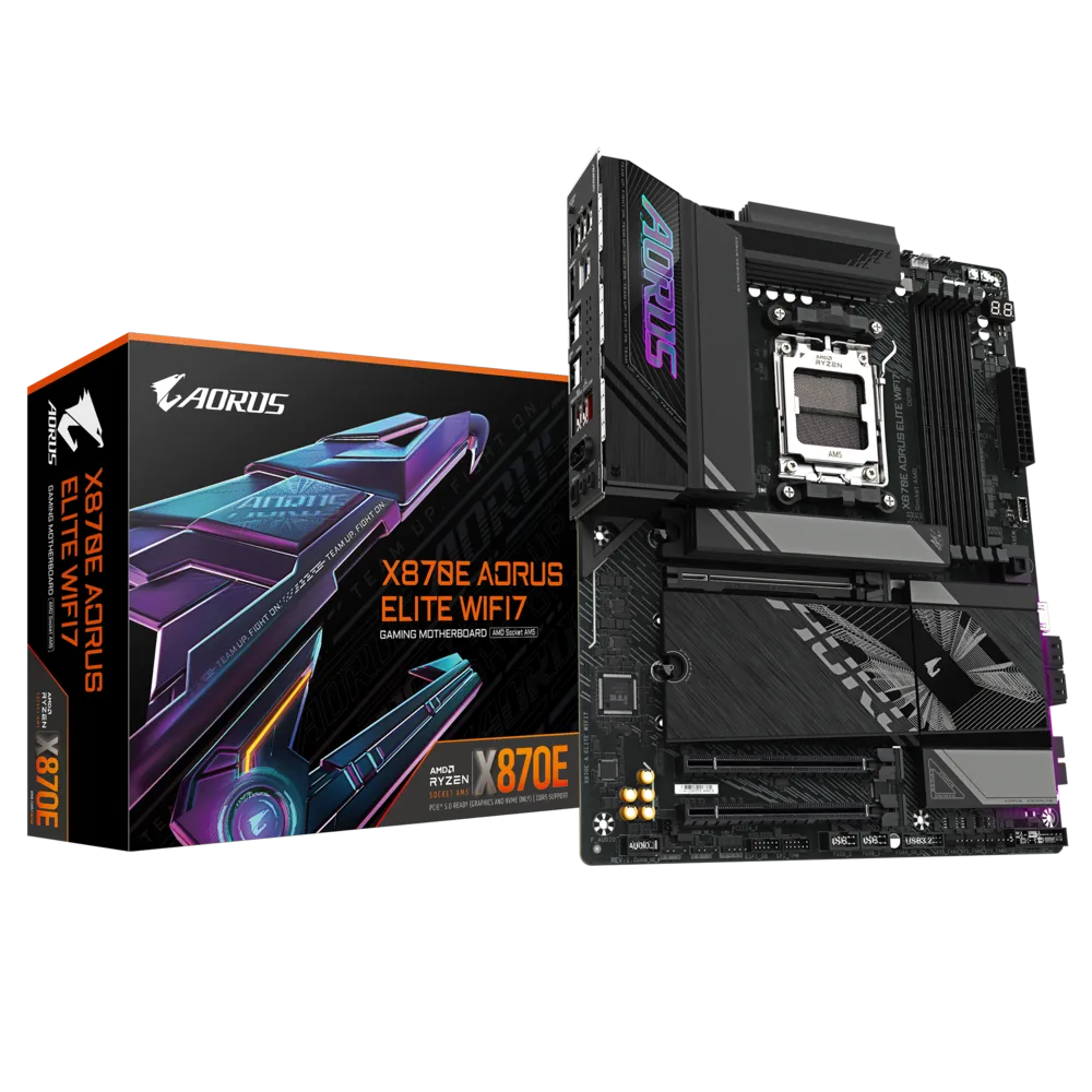 Материнская плата GIGABYTE X870E AORUS ELITE WIFI7, AM5, AMD X870, 4xDDR5 DIMM, 3PCI-Ex16, 4SATA3, 7.1-ch, 2.5GLAN, 10 USB 3.2, 3 USB Type-C, HDMI, Type-C DP, ATX, Retail б/у, после ремонта, следы монтажа, комплект: материнская плата, wi-fi-Bluetooth антенна
