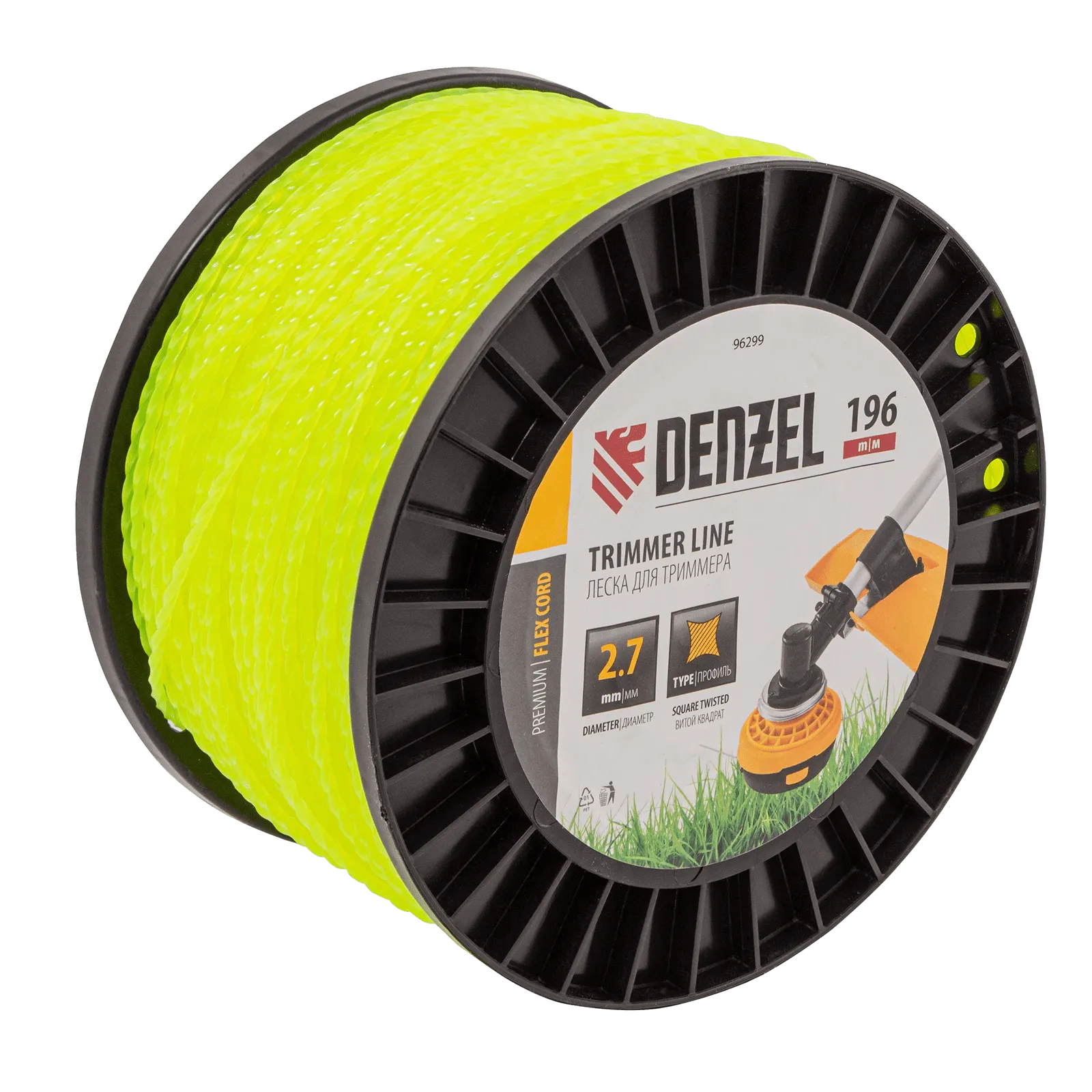 Леска триммерная Denzel FLEX CORD, витой квадрат (твист) 2.7 мм x 196 м