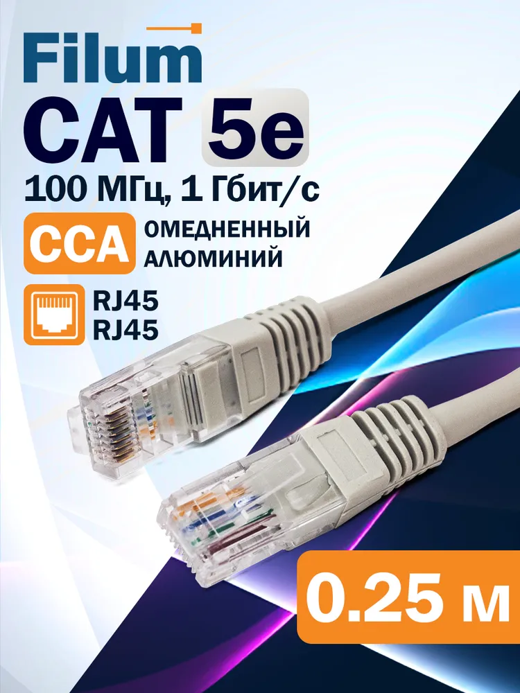 Патч-корд Filum UTP, кат.5e, 0.25 м, RJ45-RJ45, серый (FL-U5-0.25M)