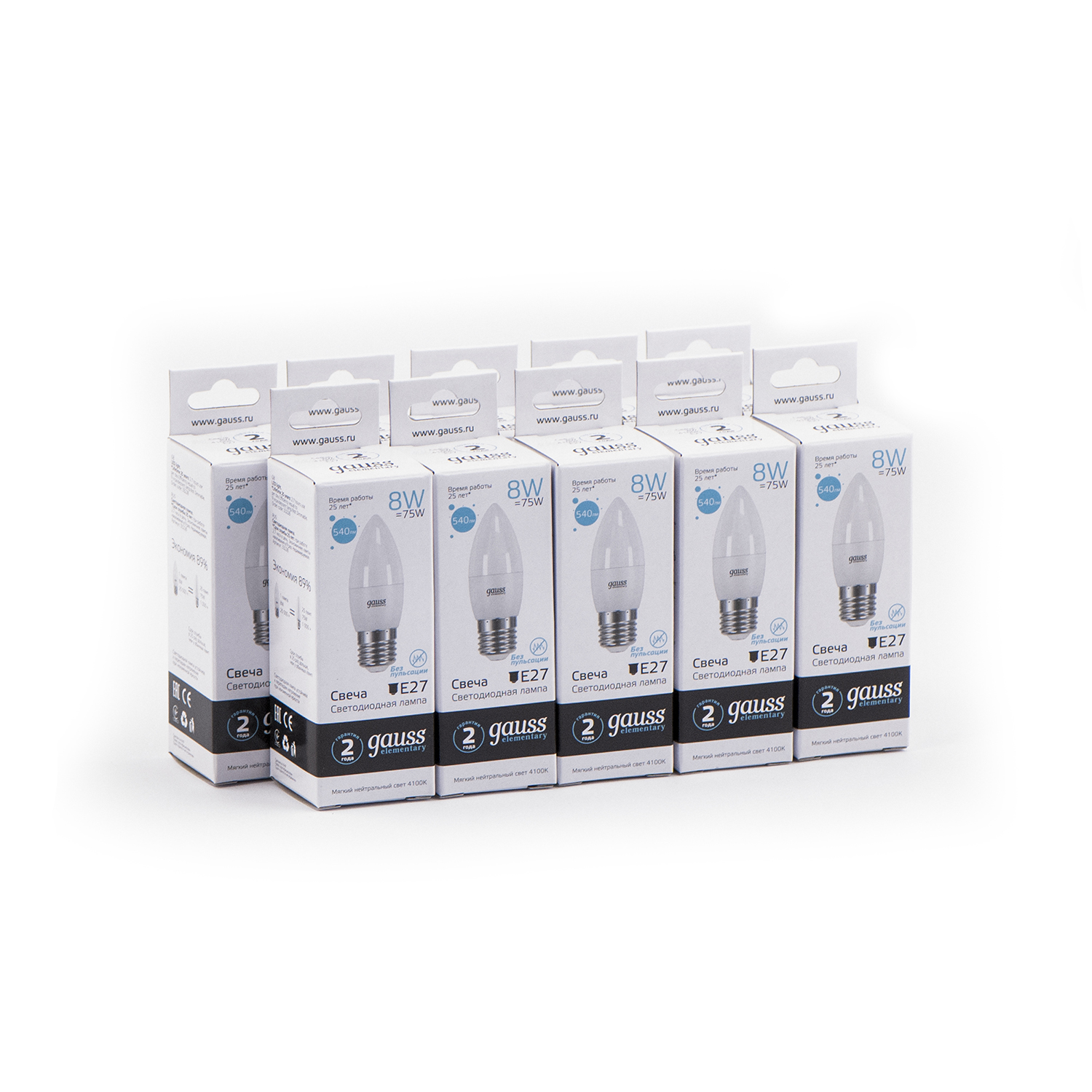 

Лампа светодиодная E27 свеча, 8 Вт, 4100 K/нейтральный свет, 540лм, 220 В, 10 шт., Gauss Elementary (33228_10)
