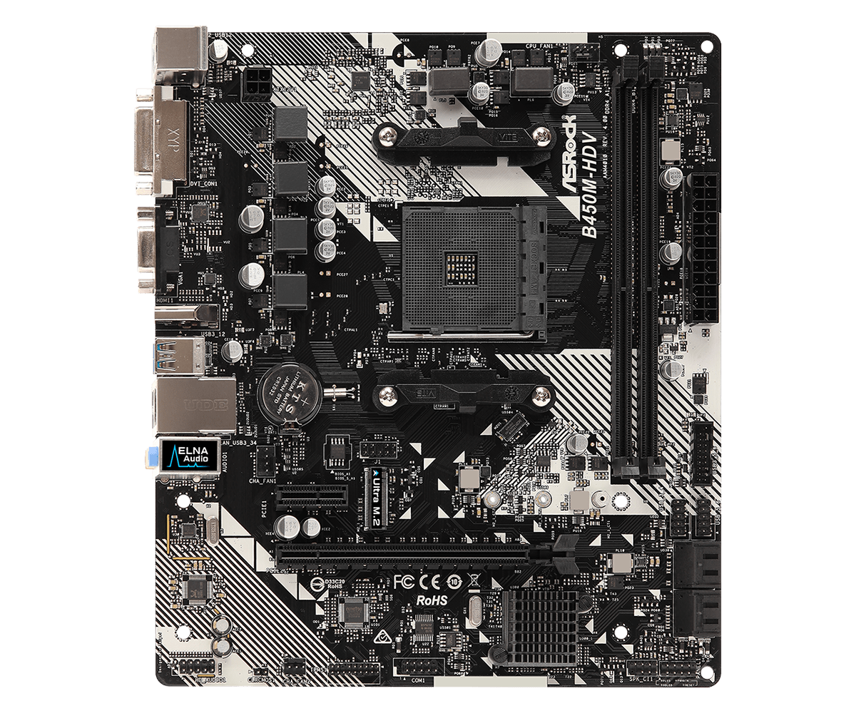 Материнская плата ASRock B450M-HDV R4.0, SocketAM4, AMD B450, 2xDDR4, PCI-Ex16, 4SATA3, 7.1-ch, 6 USB 3.1, mATX б/у